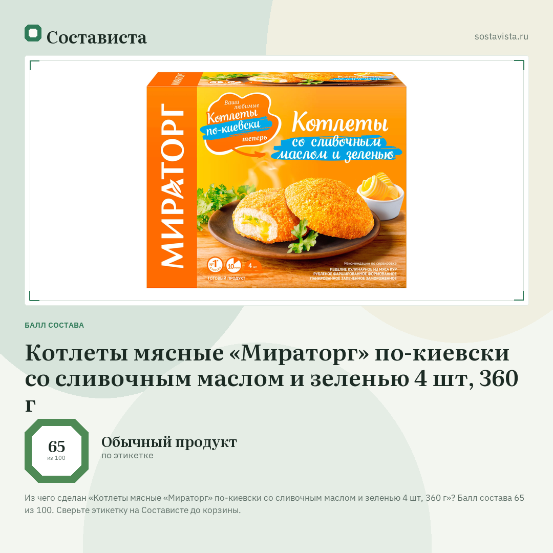 Котлеты мясные «Мираторг» по-киевски со сливочным маслом и зеленью 4 шт, 360 г: балл состава 65 из 100 — Состависта