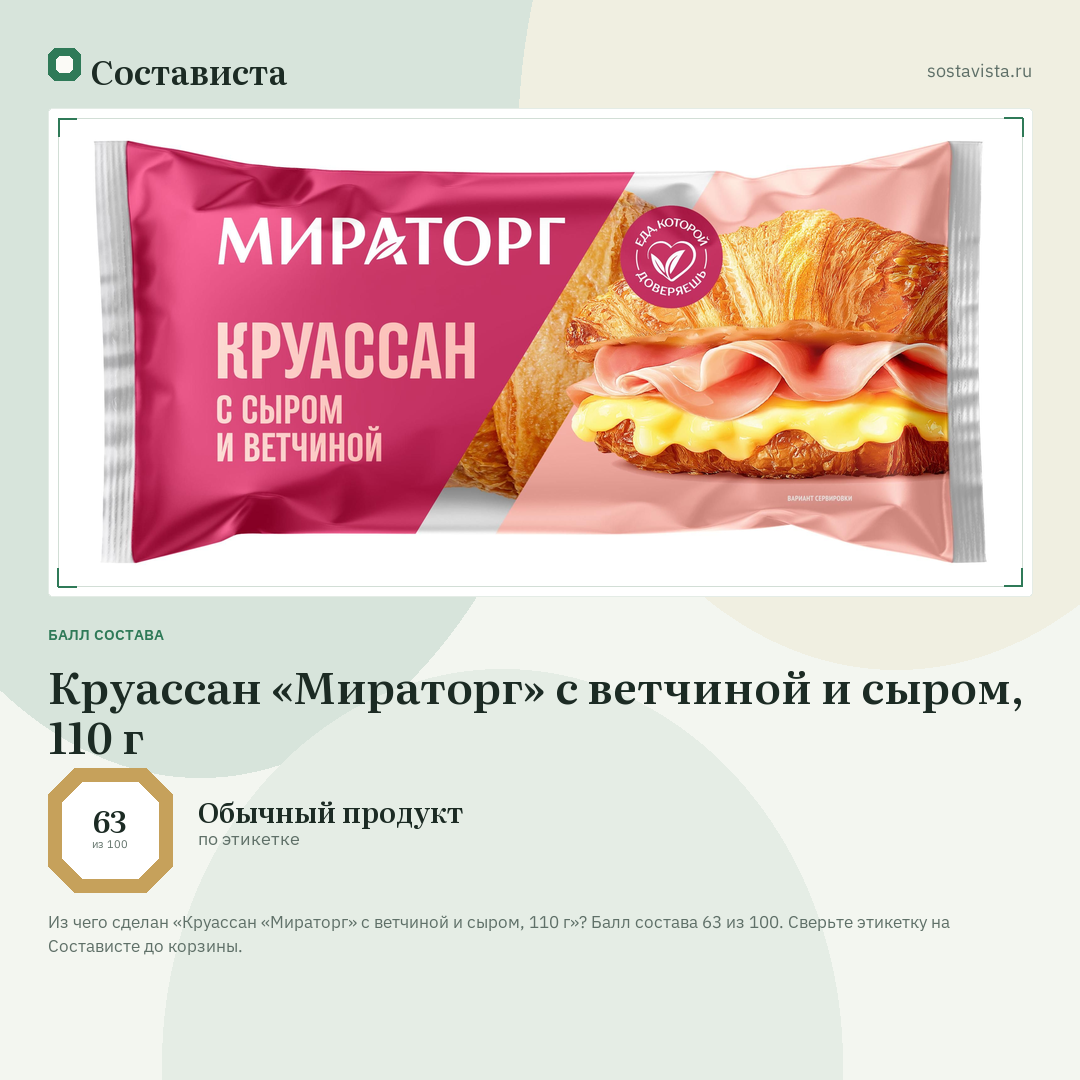Круассан «Мираторг» с ветчиной и сыром, 110 г: балл состава 63 из 100 — Состависта