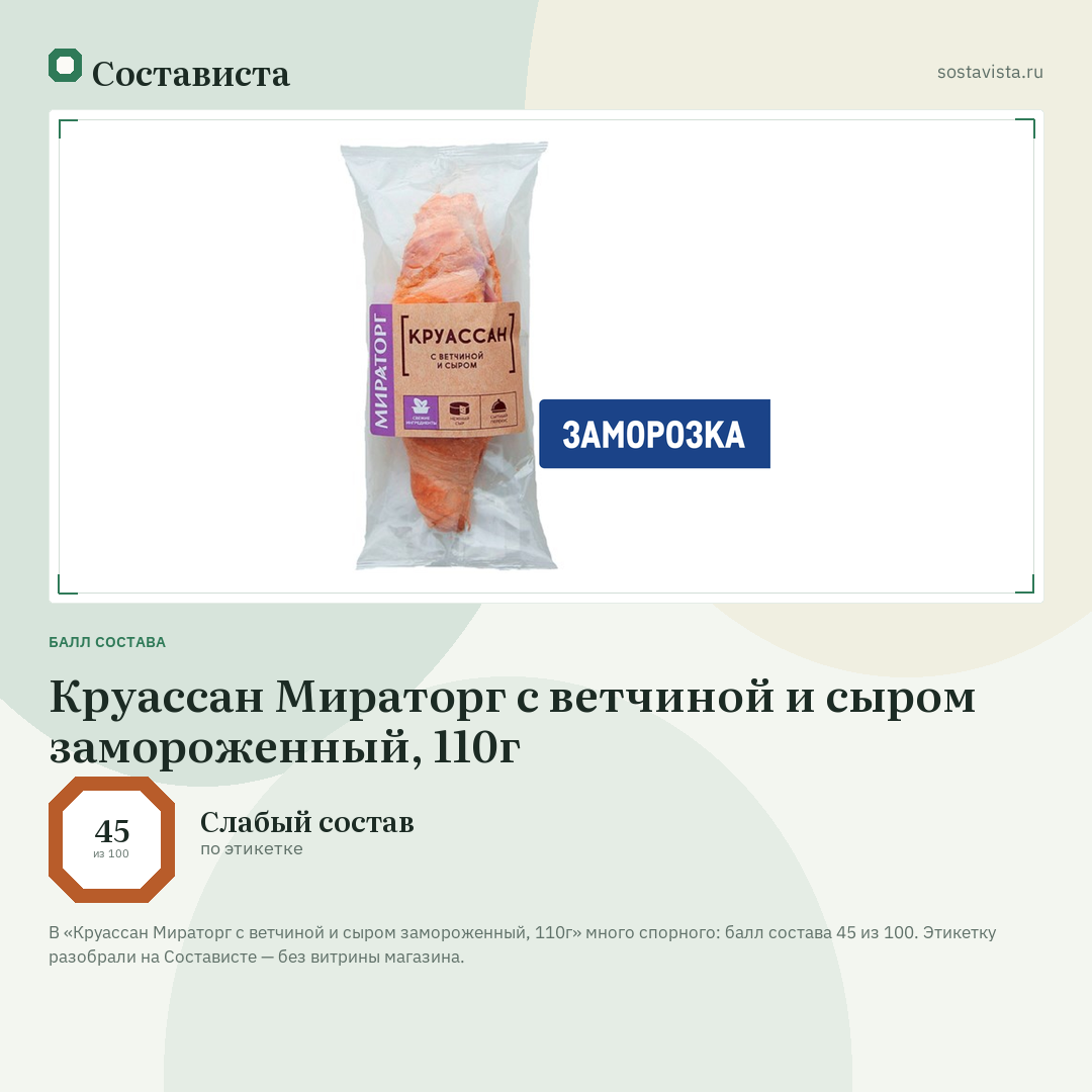 Круассан Мираторг с ветчиной и сыром замороженный, 110г: балл состава 45 из 100 — Состависта