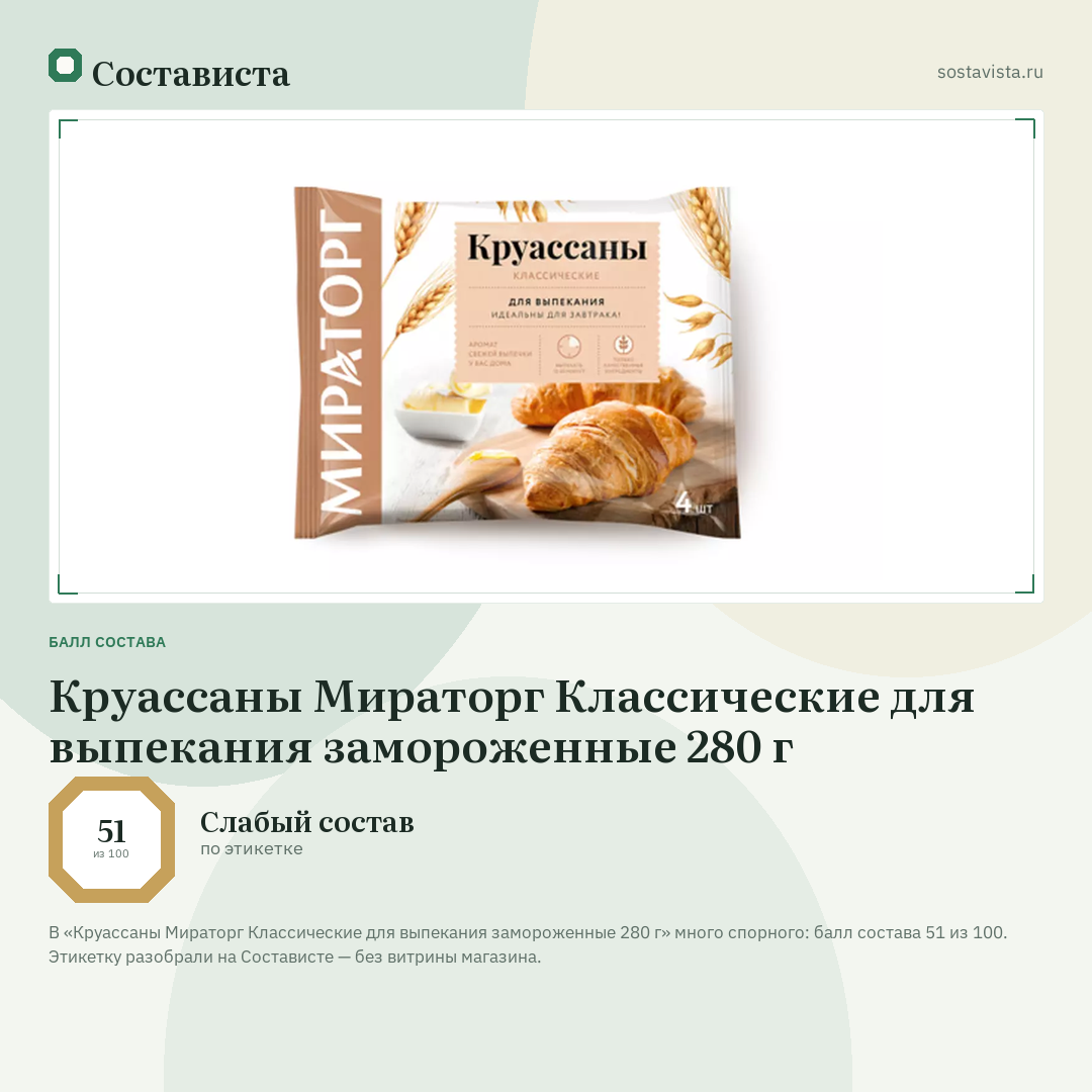 Круассаны Мираторг Классические для выпекания замороженные 280 г: балл состава 51 из 100 — Состависта