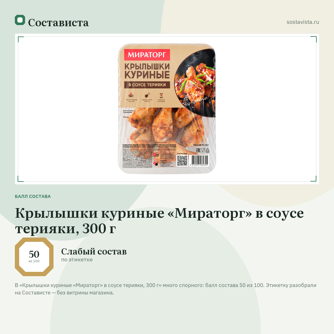 Крылышки куриные «Мираторг» в соусе терияки, 300 г: балл состава 50 из 100 — Состависта