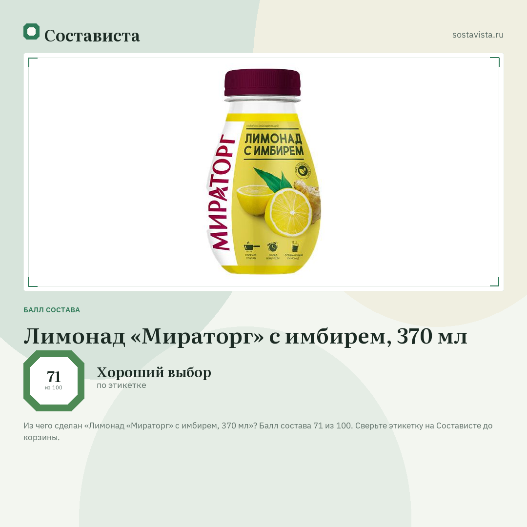 Лимонад «Мираторг» с имбирем, 370 мл: балл состава 71 из 100 — Состависта