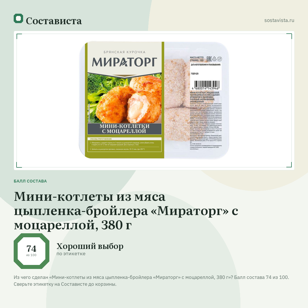 Мини-котлеты из мяса цыпленка-бройлера «Мираторг» с моцареллой, 380 г: балл состава 74 из 100 — Состависта