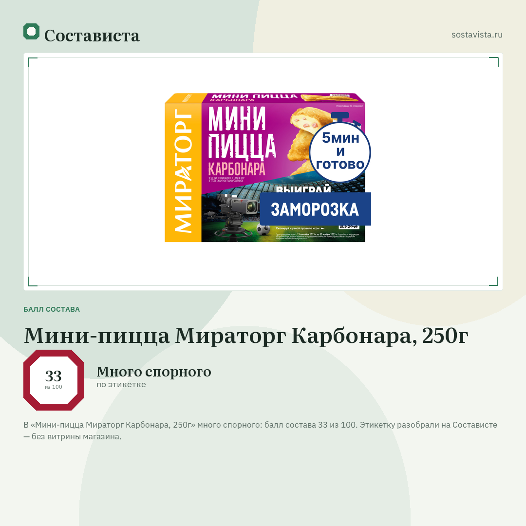 Мини-пицца Мираторг Карбонара, 250г: балл состава 33 из 100 — Состависта
