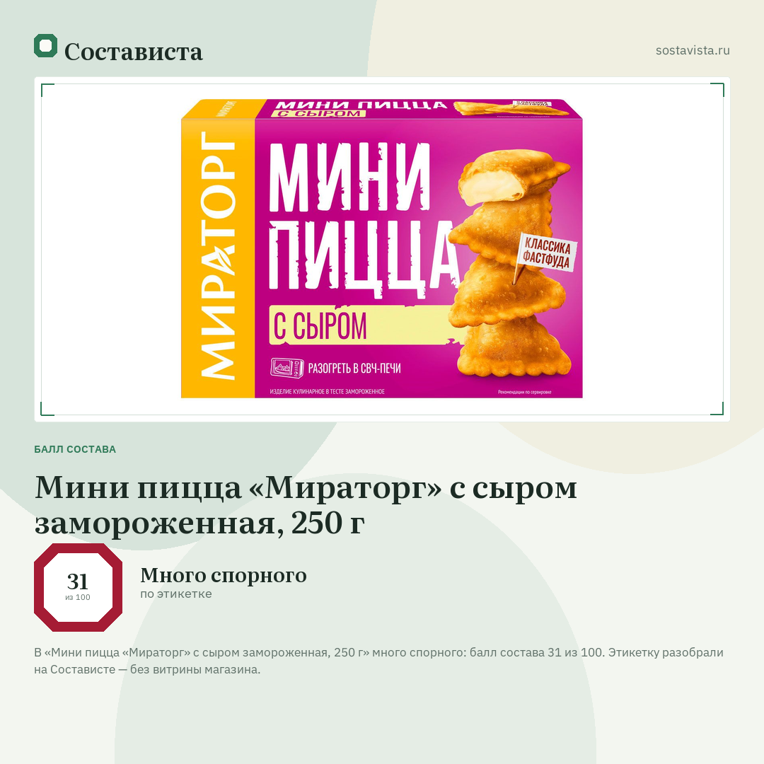 Мини пицца «Мираторг» с сыром замороженная, 250 г: балл состава 31 из 100 — Состависта