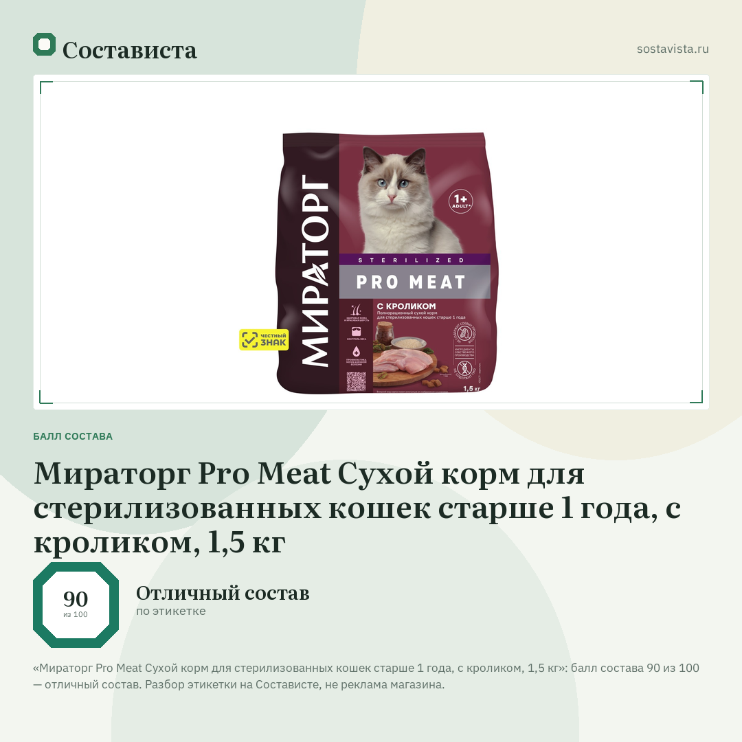 Мираторг Pro Meat Сухой корм для стерилизованных кошек старше 1 года, с кроликом, 1,5 кг: балл состава 90 из 100 — Состависта