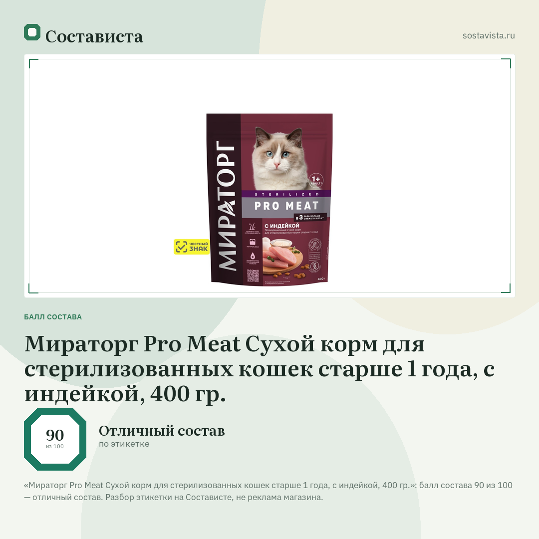 Мираторг Pro Meat Сухой корм для стерилизованных кошек старше 1 года, с индейкой, 400 гр.: балл состава 90 из 100 — Состависта