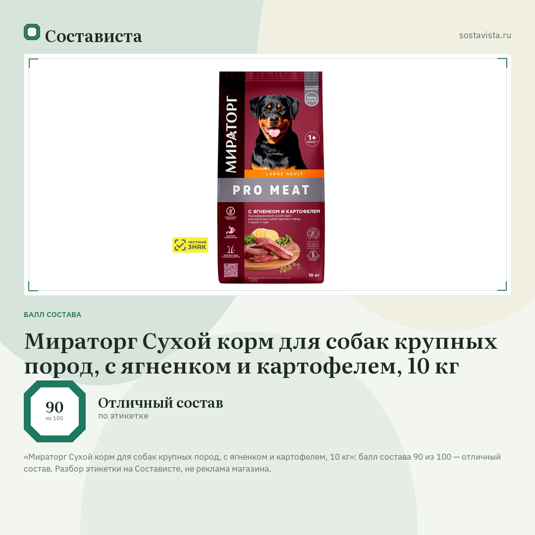 Мираторг Сухой корм для собак крупных пород, с ягненком и картофелем, 10 кг: балл состава 90 из 100 — Состависта