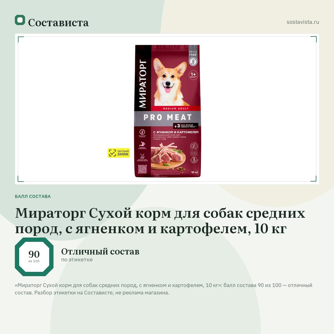 Мираторг Сухой корм для собак средних пород, с ягненком и картофелем, 10 кг: балл состава 90 из 100 — Состависта