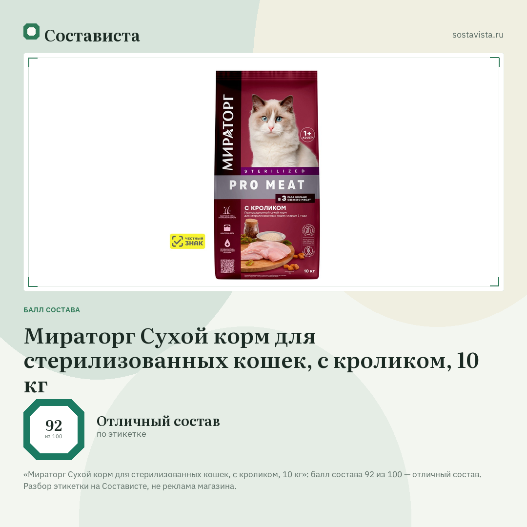 Мираторг Сухой корм для стерилизованных кошек, c кроликом, 10 кг: балл состава 92 из 100 — Состависта