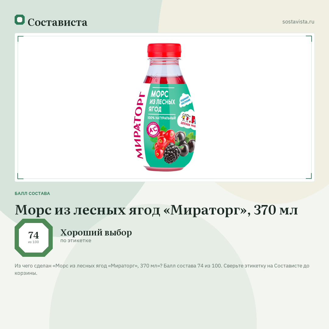 Морс из лесных ягод «Мираторг», 370 мл: балл состава 74 из 100 — Состависта