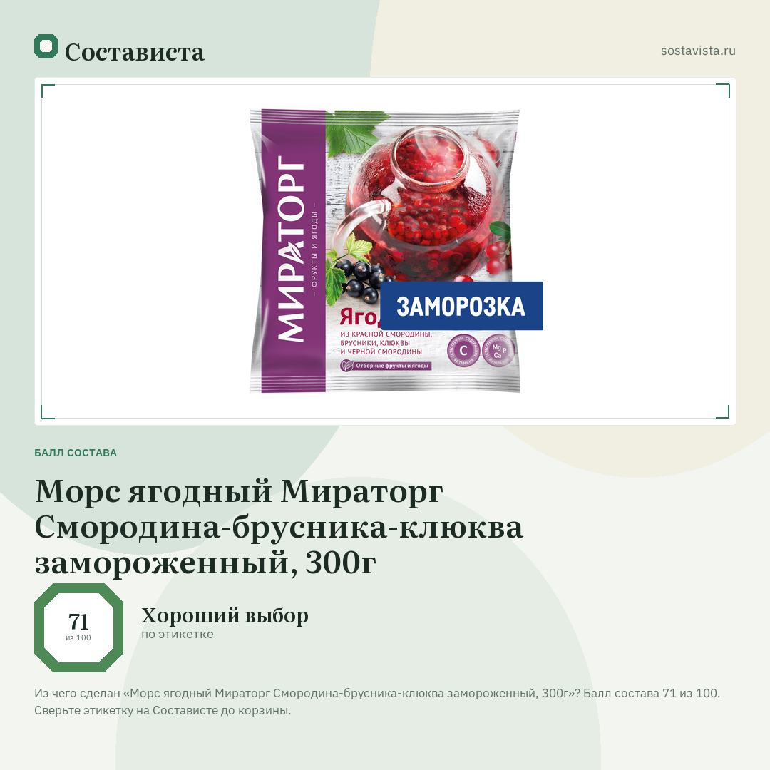Морс ягодный Мираторг Смородина-брусника-клюква замороженный, 300г: балл состава 71 из 100 — Состависта