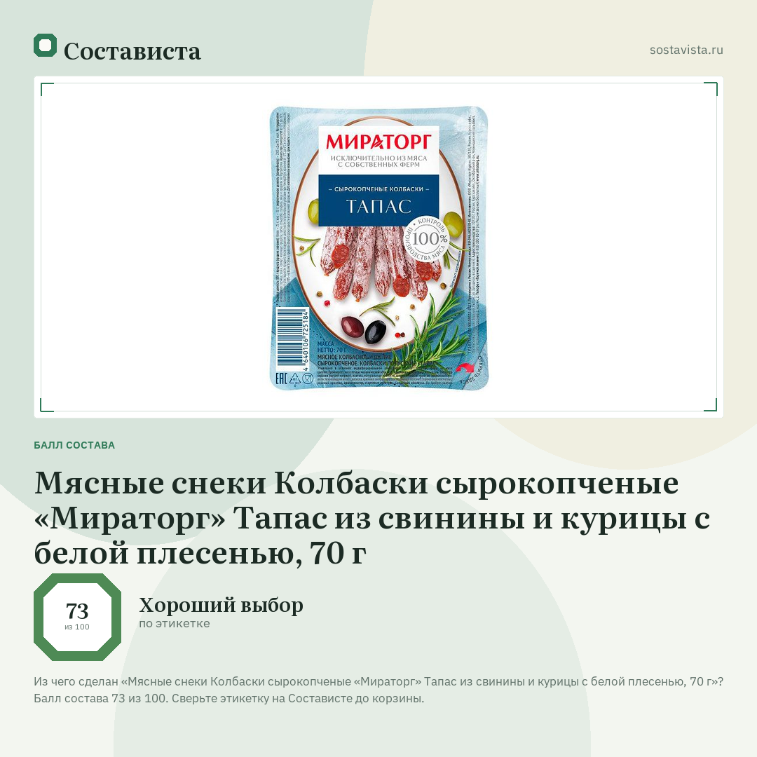 Мясные снеки Колбаски сырокопченые «Мираторг» Тапас из свинины и курицы с белой плесенью, 70 г: балл состава 73 из 100 — Состависта