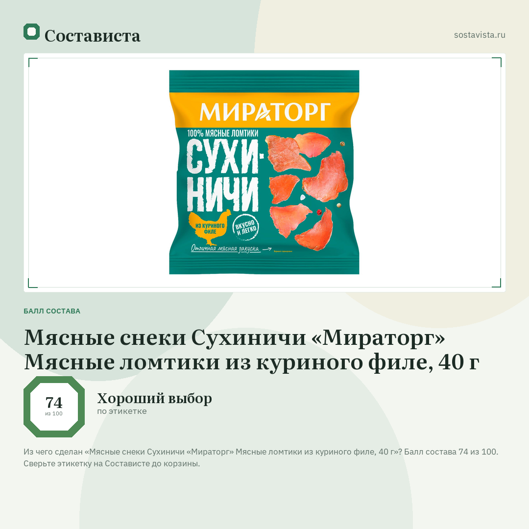 Мясные снеки Сухиничи «Мираторг» Мясные ломтики из куриного филе, 40 г: балл состава 74 из 100 — Состависта