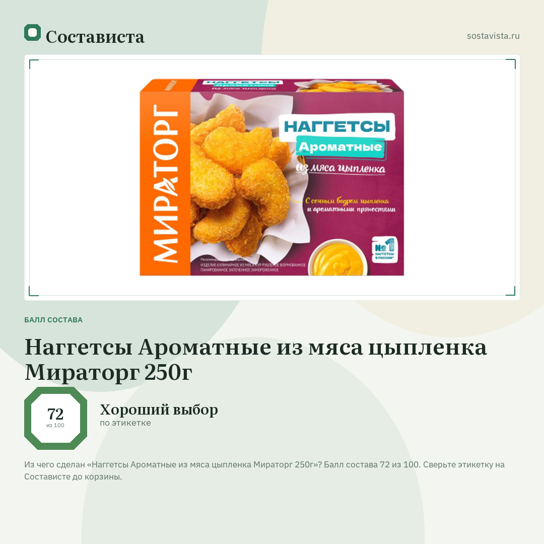Наггетсы Ароматные из мяса цыпленка Мираторг 250г: балл состава 72 из 100 — Состависта