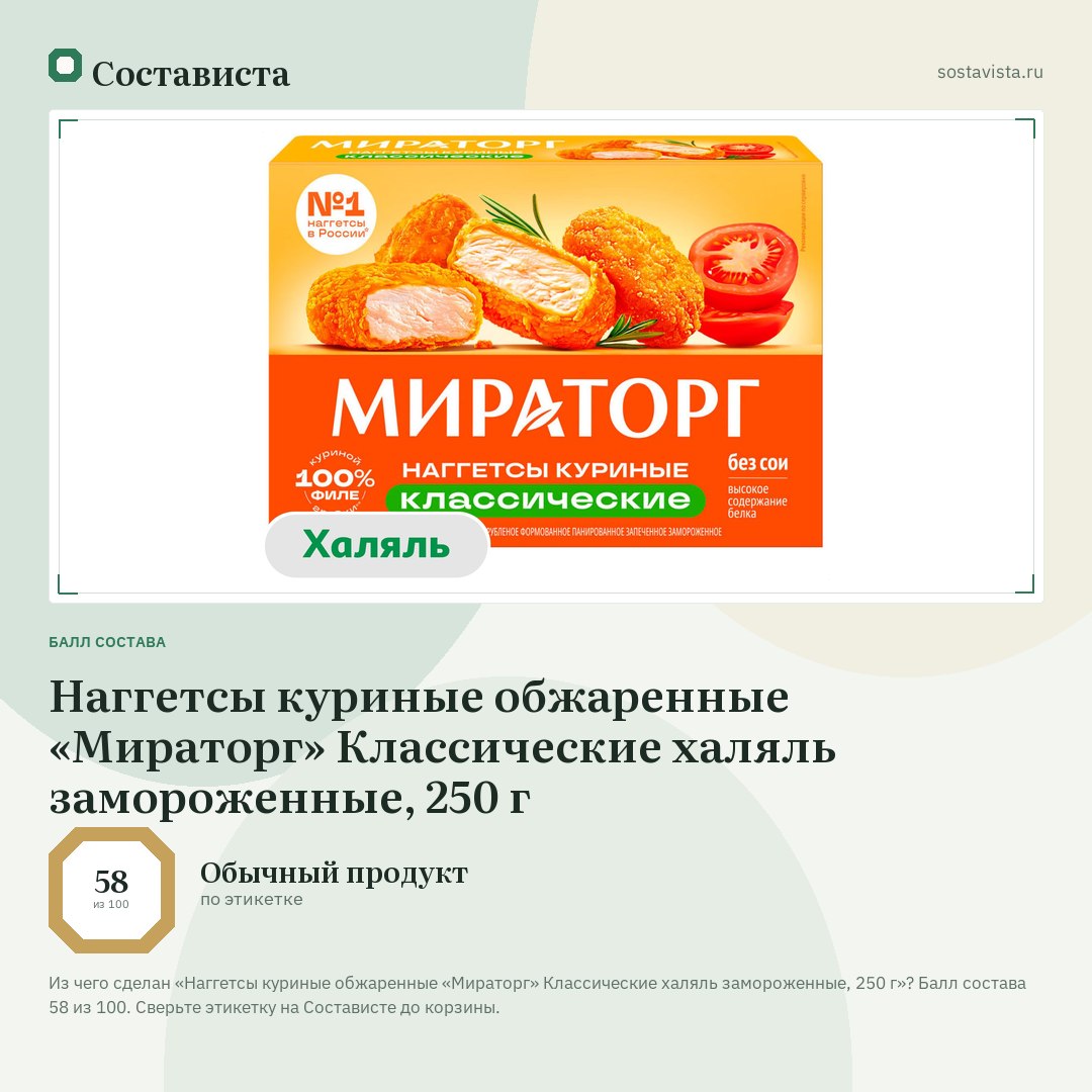Наггетсы куриные обжаренные «Мираторг» Классические халяль замороженные, 250 г: балл состава 58 из 100 — Состависта