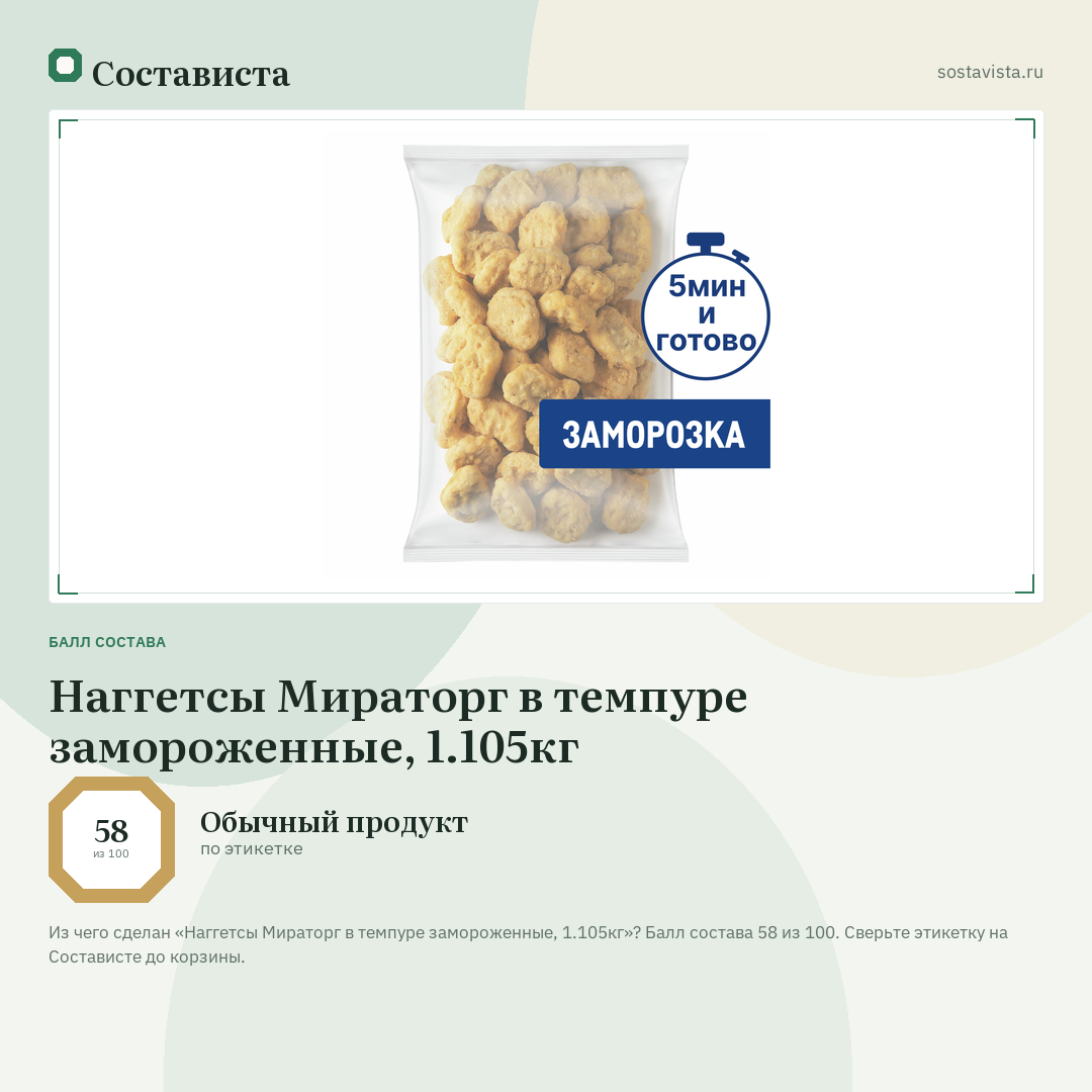Наггетсы Мираторг в темпуре замороженные, 1.105кг: балл состава 58 из 100 — Состависта