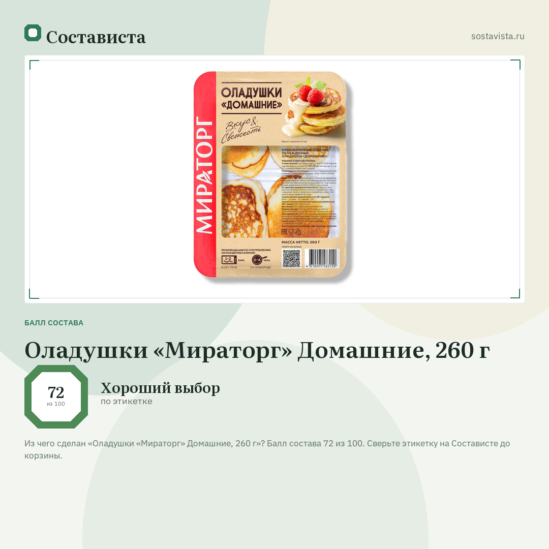 Оладушки «Мираторг» Домашние, 260 г: балл состава 72 из 100 — Состависта