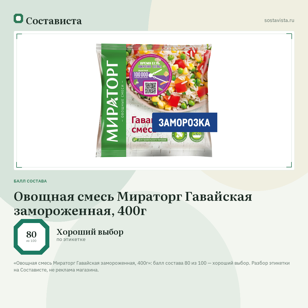 Овощная смесь Мираторг Гавайская замороженная, 400г: балл состава 80 из 100 — Состависта