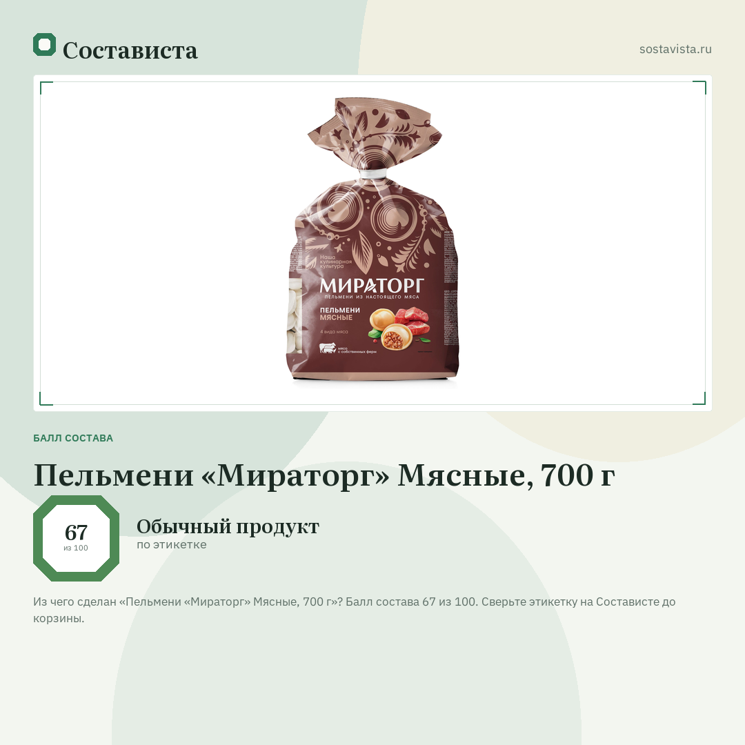 Пельмени «Мираторг» Мясные, 700 г: балл состава 67 из 100 — Состависта