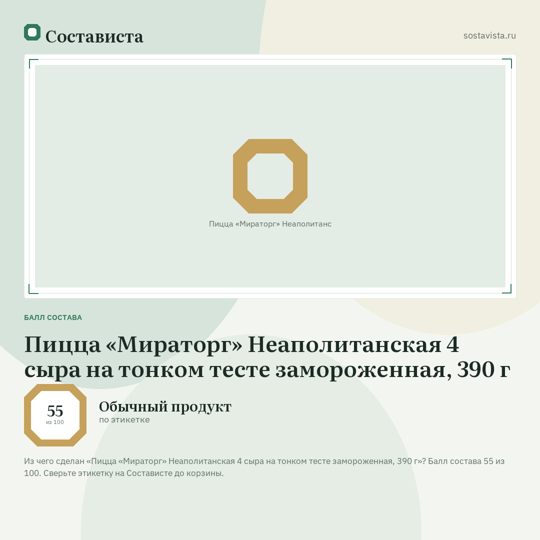 Пицца «Мираторг» Неаполитанская 4 сыра на тонком тесте замороженная, 390 г: балл состава 55 из 100 — Состависта