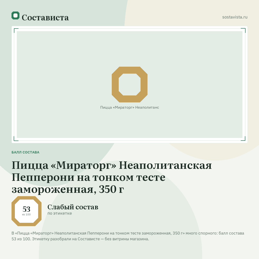 Пицца «Мираторг» Неаполитанская Пепперони на тонком тесте замороженная, 350 г: балл состава 53 из 100 — Состависта