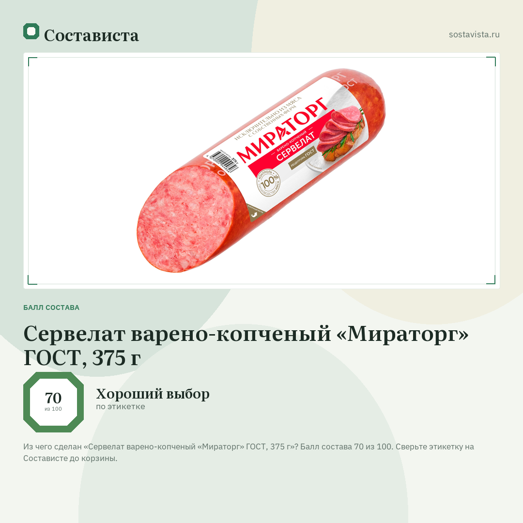 Сервелат варено-копченый «Мираторг» ГОСТ, 375 г: балл состава 70 из 100 — Состависта