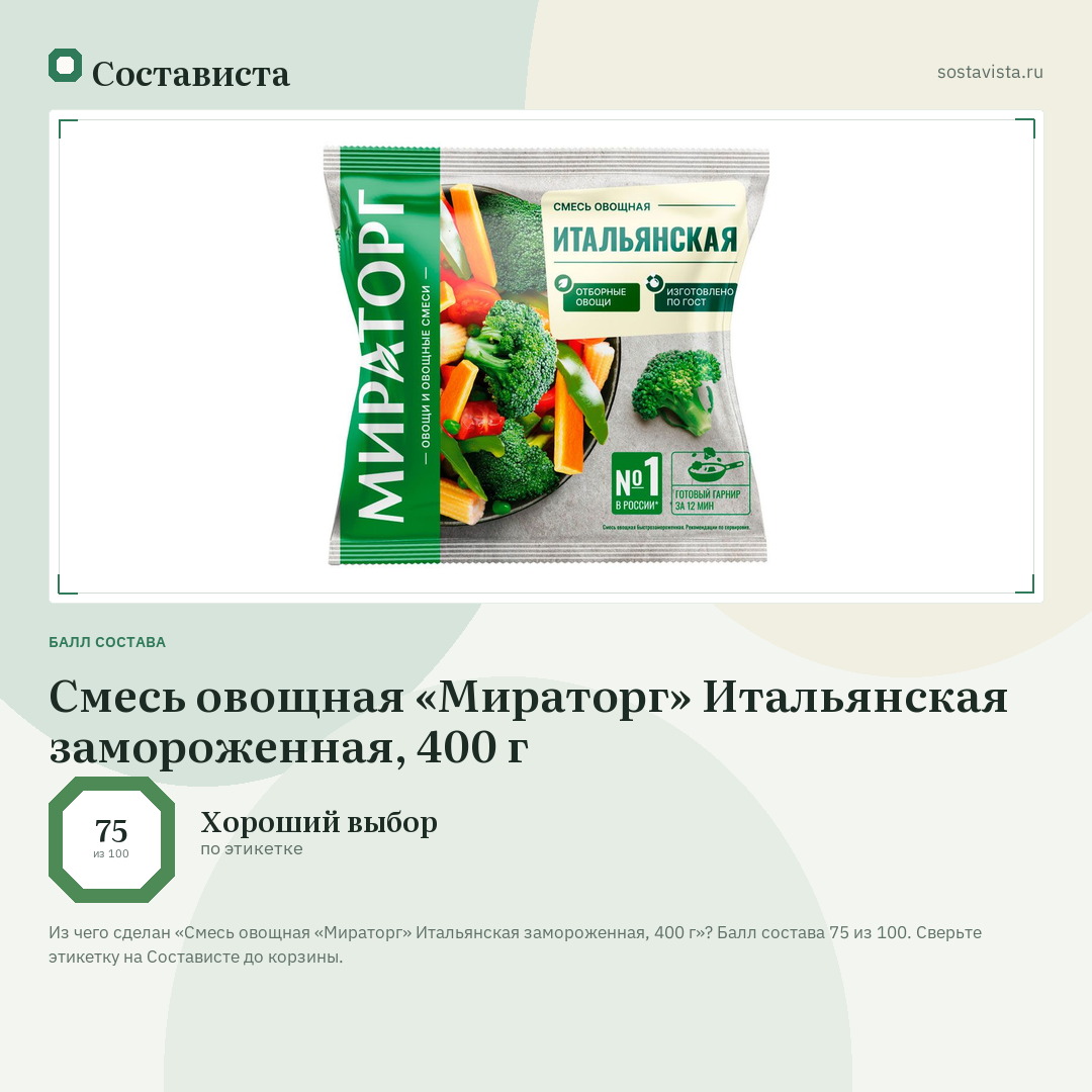 Смесь овощная «Мираторг» Итальянская замороженная, 400 г: балл состава 75 из 100 — Состависта