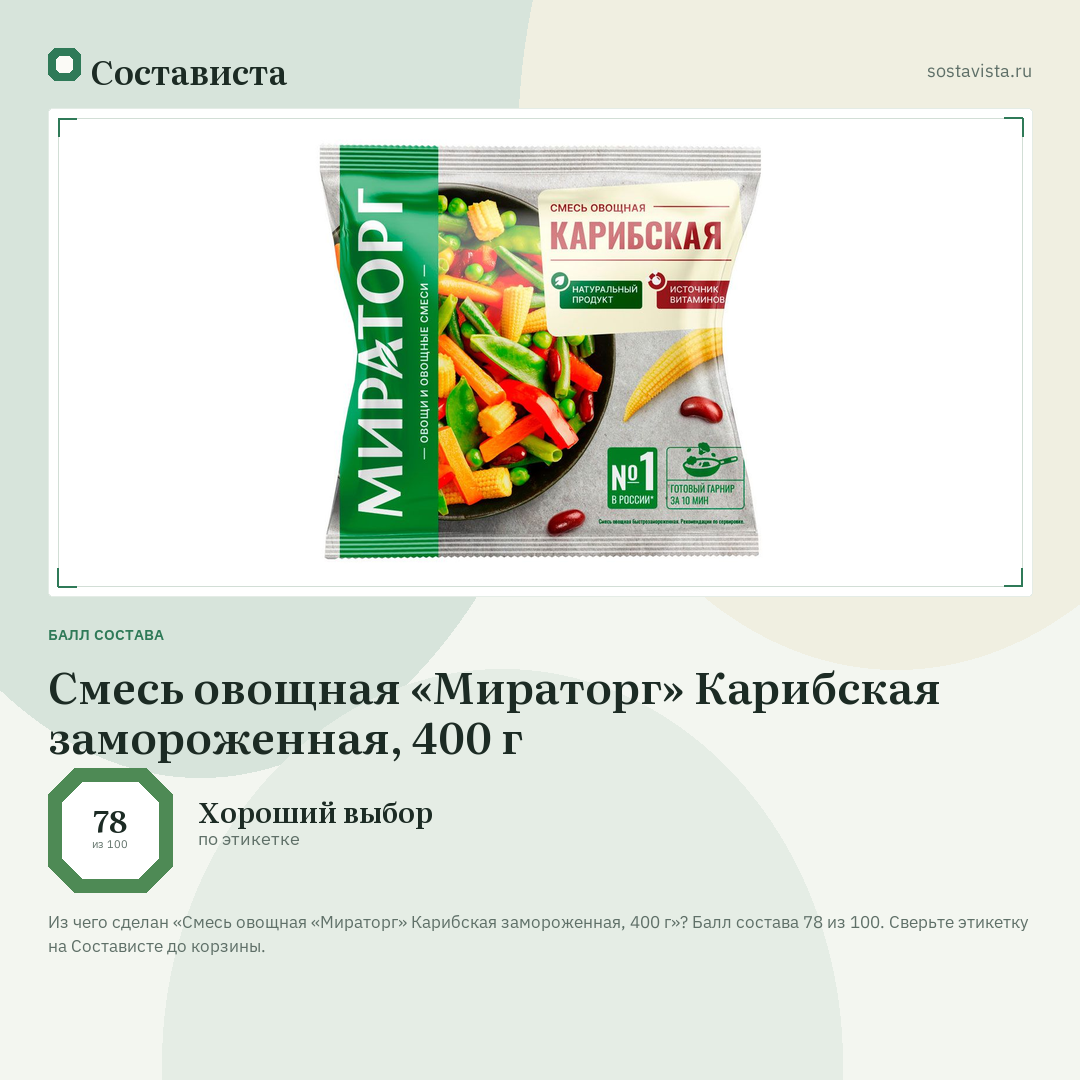 Смесь овощная «Мираторг» Карибская замороженная, 400 г: балл состава 78 из 100 — Состависта