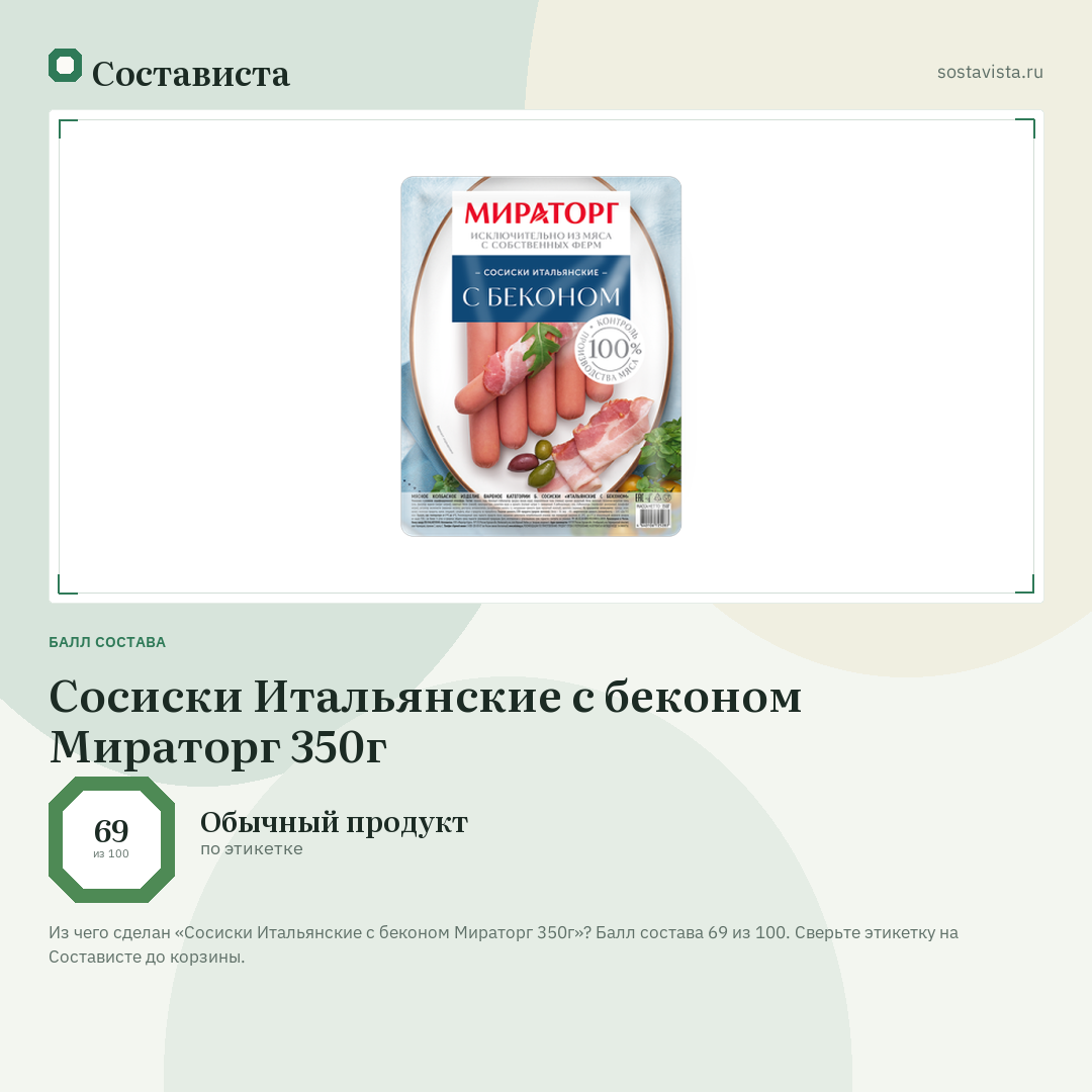 Сосиски Итальянские с беконом Мираторг 350г: балл состава 69 из 100 — Состависта