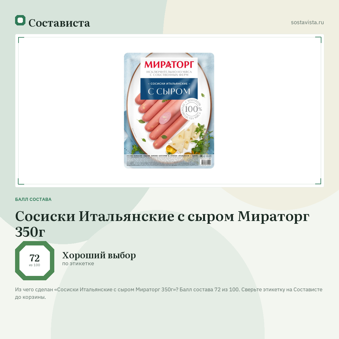 Сосиски Итальянские с сыром Мираторг 350г: балл состава 72 из 100 — Состависта
