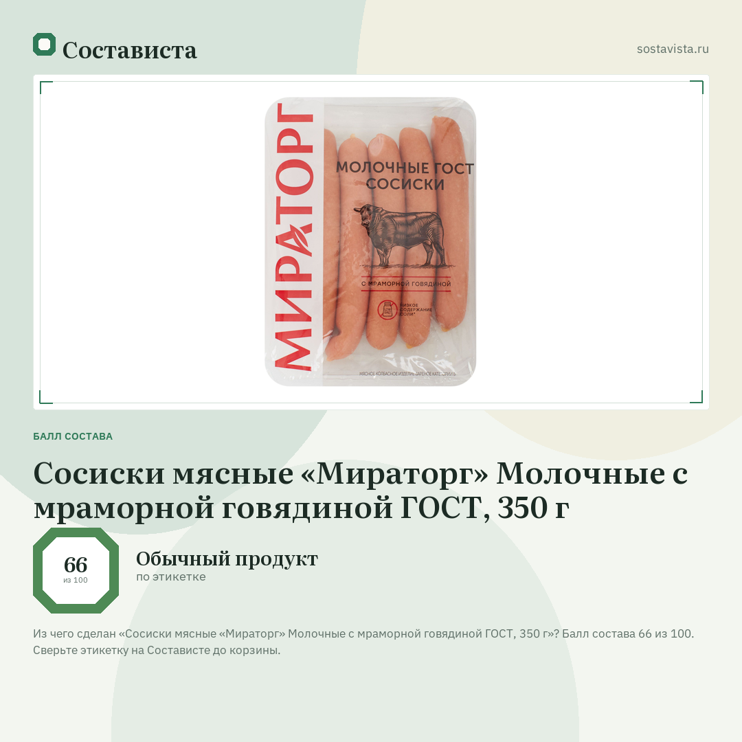 Сосиски мясные «Мираторг» Молочные с мраморной говядиной ГОСТ, 350 г: балл состава 66 из 100 — Состависта