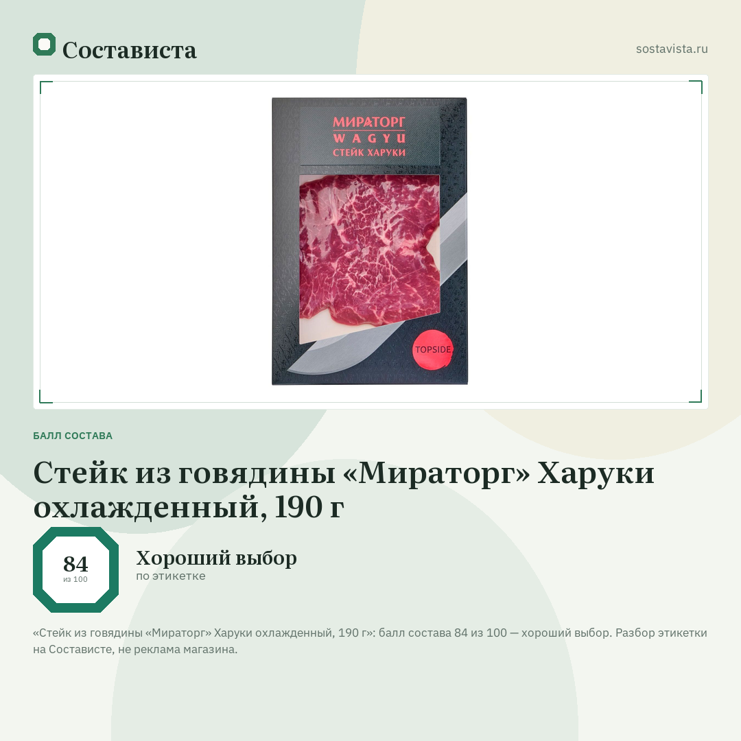 Стейк из говядины «Мираторг» Харуки охлажденный, 190 г: балл состава 84 из 100 — Состависта