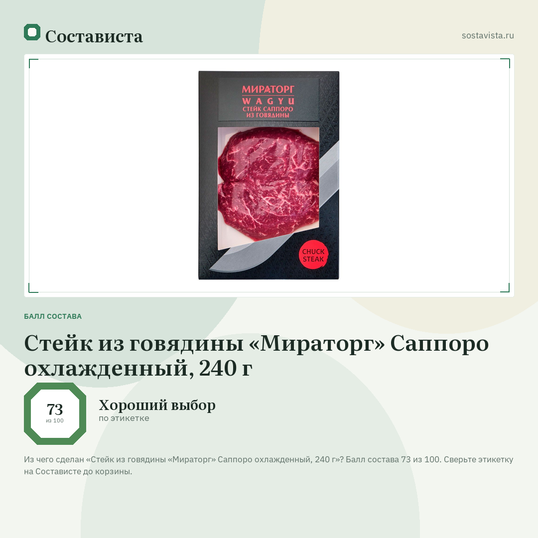 Стейк из говядины «Мираторг» Саппоро охлажденный, 240 г: балл состава 73 из 100 — Состависта