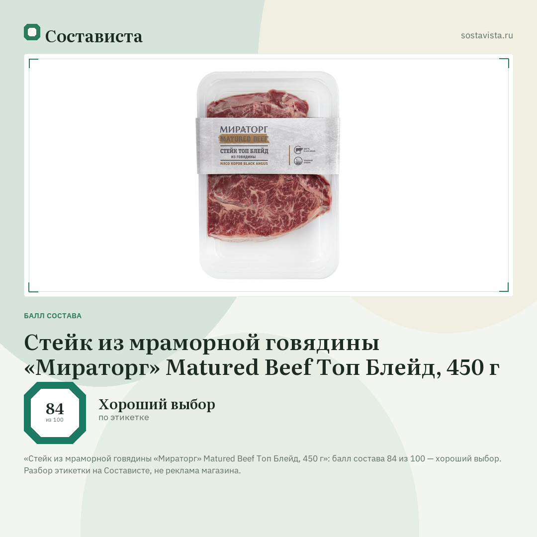 Стейк из мраморной говядины «Мираторг» Matured Beef Топ Блейд, 450 г: балл состава 84 из 100 — Состависта
