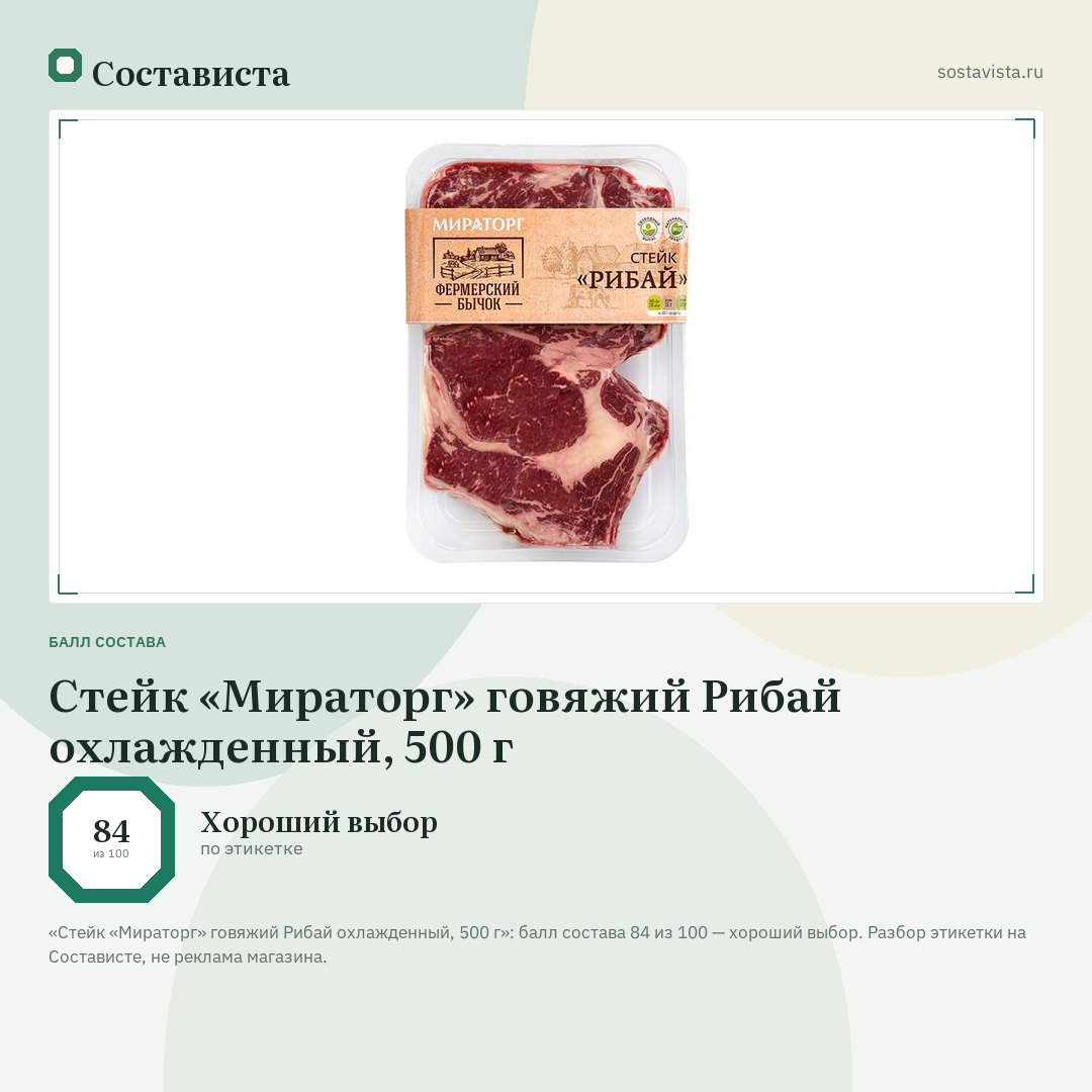 Стейк «Мираторг» говяжий Рибай охлажденный, 500 г: балл состава 84 из 100 — Состависта