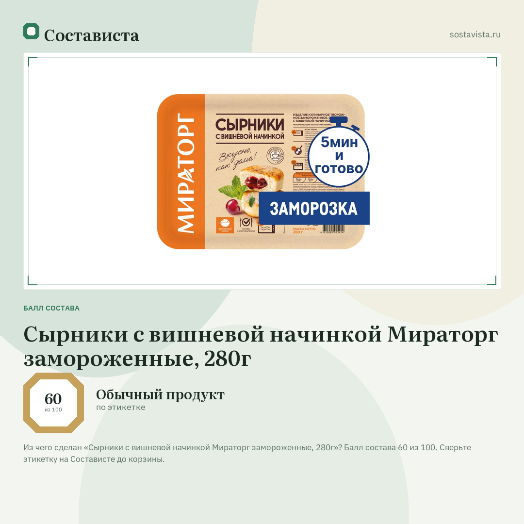 Сырники с вишневой начинкой Мираторг замороженные, 280г: балл состава 60 из 100 — Состависта