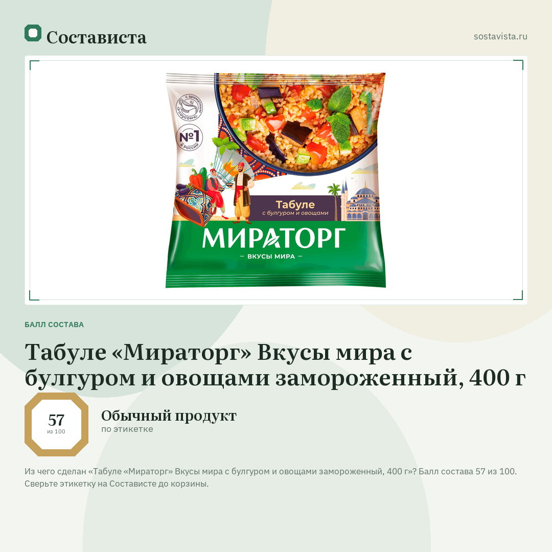 Табуле «Мираторг» Вкусы мира с булгуром и овощами замороженный, 400 г: балл состава 57 из 100 — Состависта