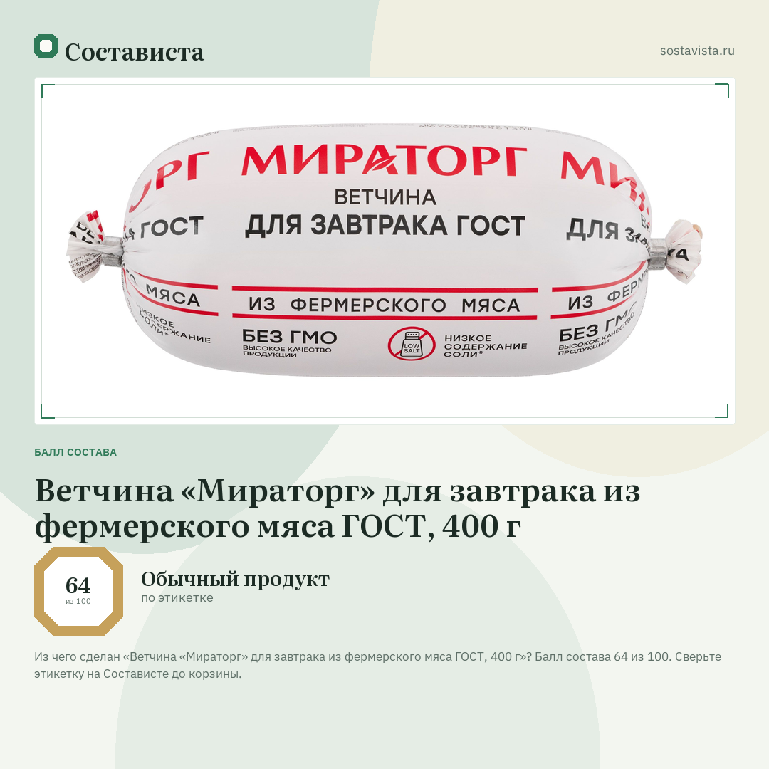 Ветчина «Мираторг» для завтрака из фермерского мяса ГОСТ, 400 г: балл состава 64 из 100 — Состависта