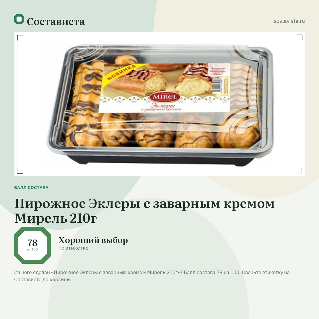 Пирожное Эклеры с заварным кремом Мирель 210г: балл состава 78 из 100 — Состависта