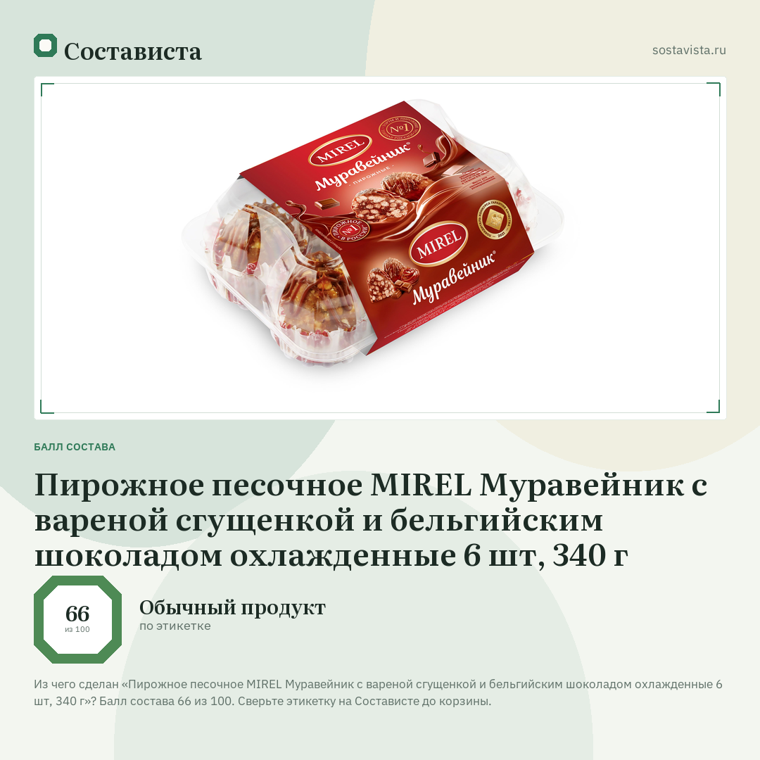 Пирожное песочное MIREL Муравейник с вареной сгущенкой и бельгийским шоколадом охлажденные 6 шт, 340 г: балл состава 66 из 100 — Состависта