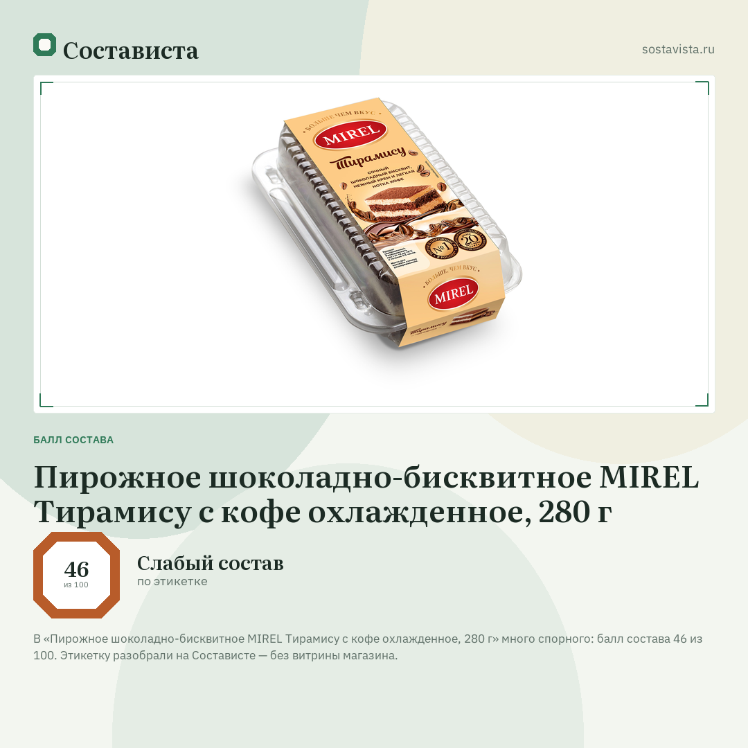 Пирожное шоколадно-бисквитное MIREL Тирамису с кофе охлажденное, 280 г: балл состава 46 из 100 — Состависта