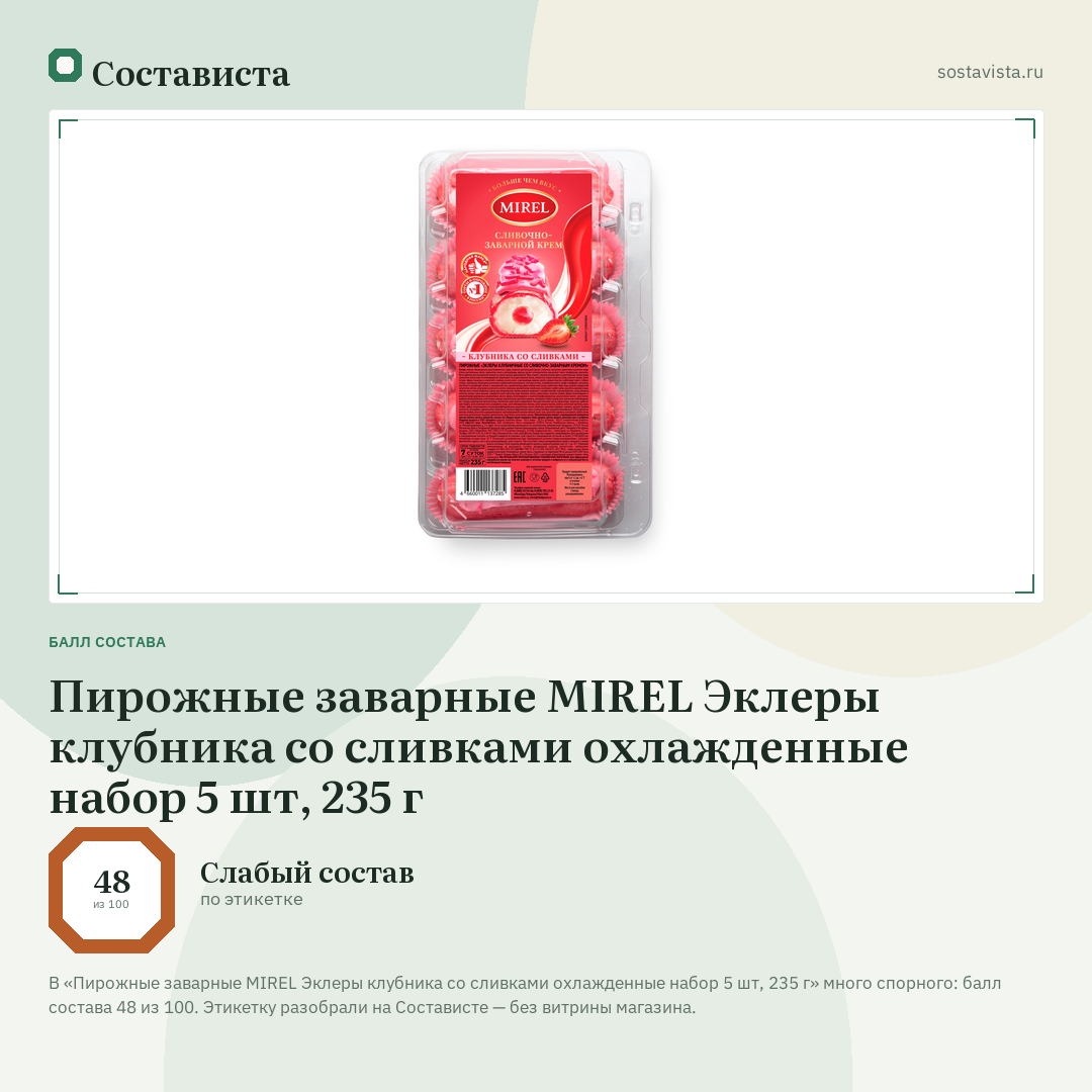 Пирожные заварные MIREL Эклеры клубника со сливками охлажденные набор 5 шт, 235 г: балл состава 48 из 100 — Состависта