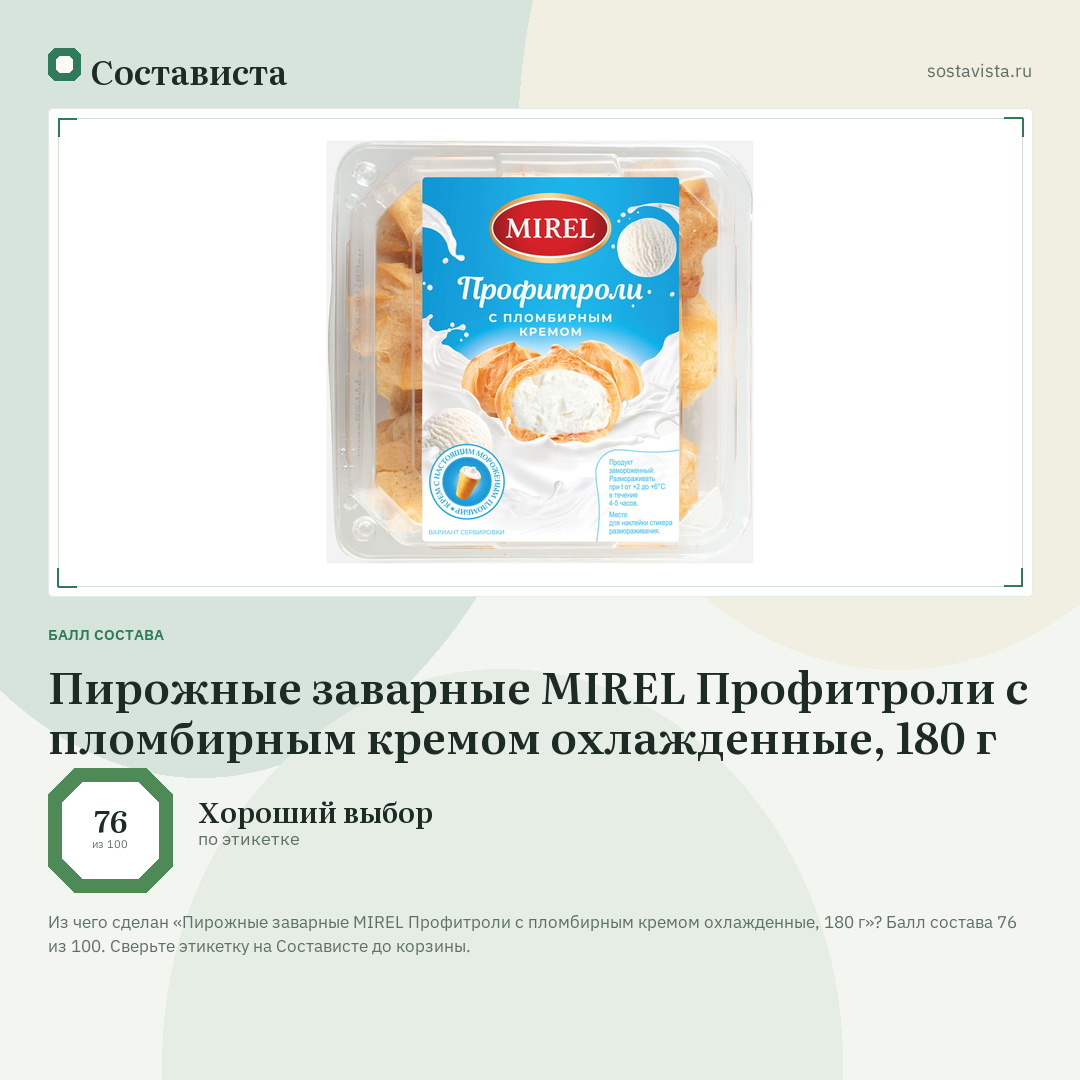 Пирожные заварные MIREL Профитроли с пломбирным кремом охлажденные, 180 г: балл состава 76 из 100 — Состависта