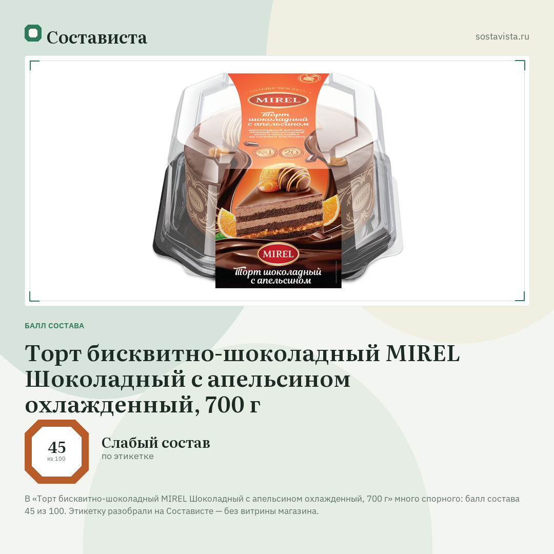 Торт бисквитно-шоколадный MIREL Шоколадный с апельсином охлажденный, 700 г: балл состава 45 из 100 — Состависта