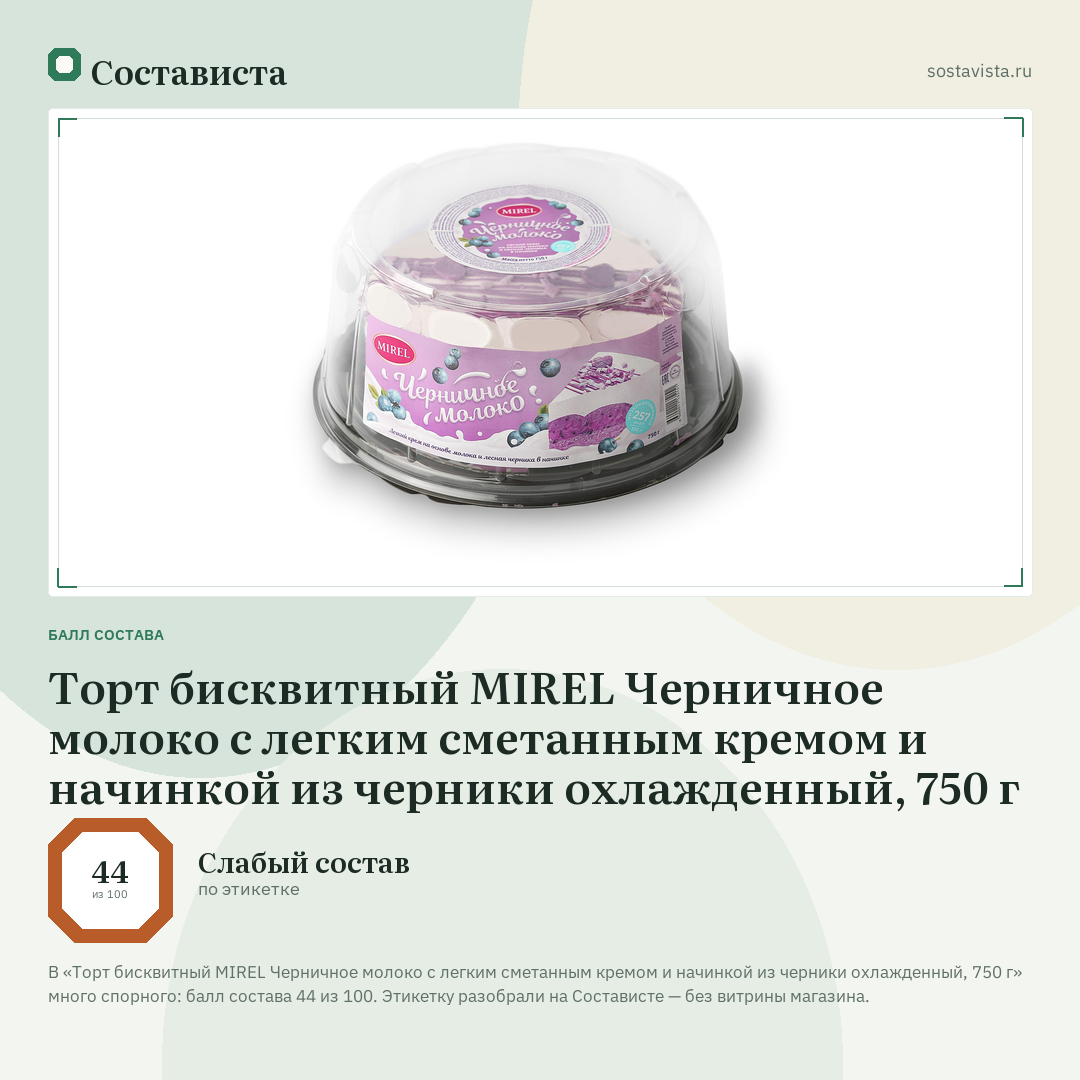 Торт бисквитный MIREL Черничное молоко с легким сметанным кремом и начинкой из черники охлажденный, 750 г: балл состава 44 из 100 — Состависта