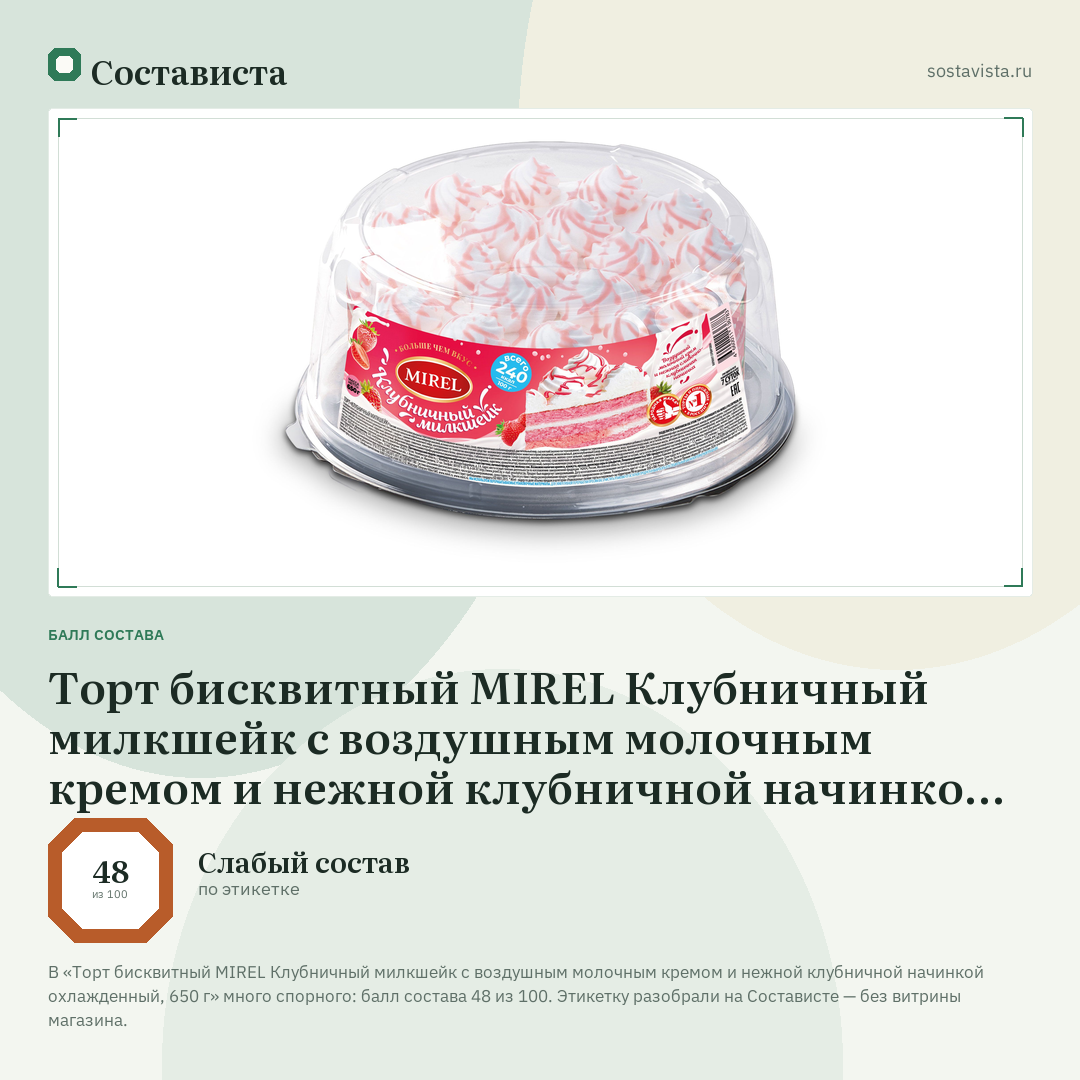 Торт бисквитный MIREL Клубничный милкшейк с воздушным молочным кремом и нежной клубничной начинкой охлажденный, 650 г: балл состава 48 из 100 — Состависта