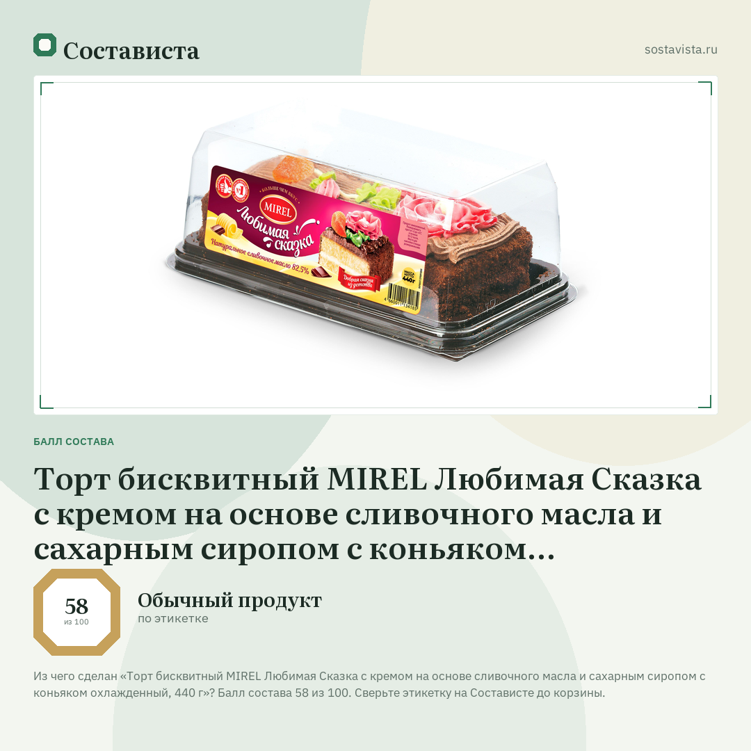 Торт бисквитный MIREL Любимая Сказка с кремом на основе сливочного масла и сахарным сиропом с коньяком охлажденный, 440 г: балл состава 58 из 100 — Состависта