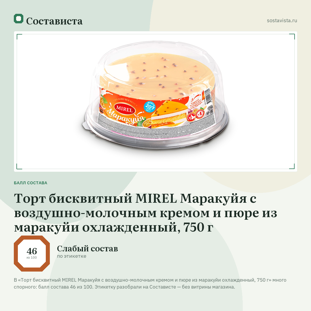 Торт бисквитный MIREL Маракуйя с воздушно-молочным кремом и пюре из маракуйи охлажденный, 750 г: балл состава 46 из 100 — Состависта
