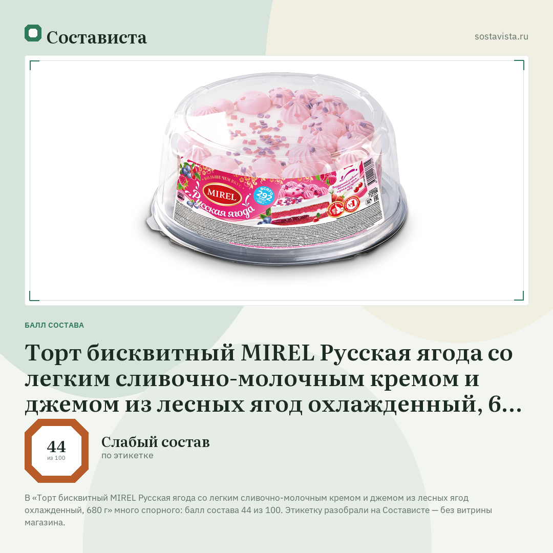 Торт бисквитный MIREL Русская ягода со легким сливочно-молочным кремом и джемом из лесных ягод охлажденный, 680 г: балл состава 44 из 100 — Состависта